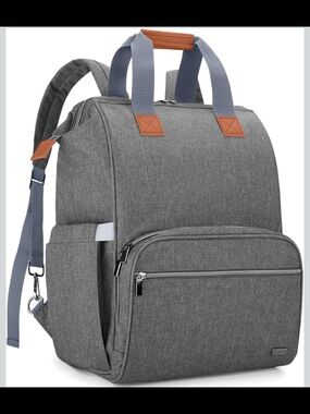 Gray Travel Backpack with Blue Straps and Tan Accents